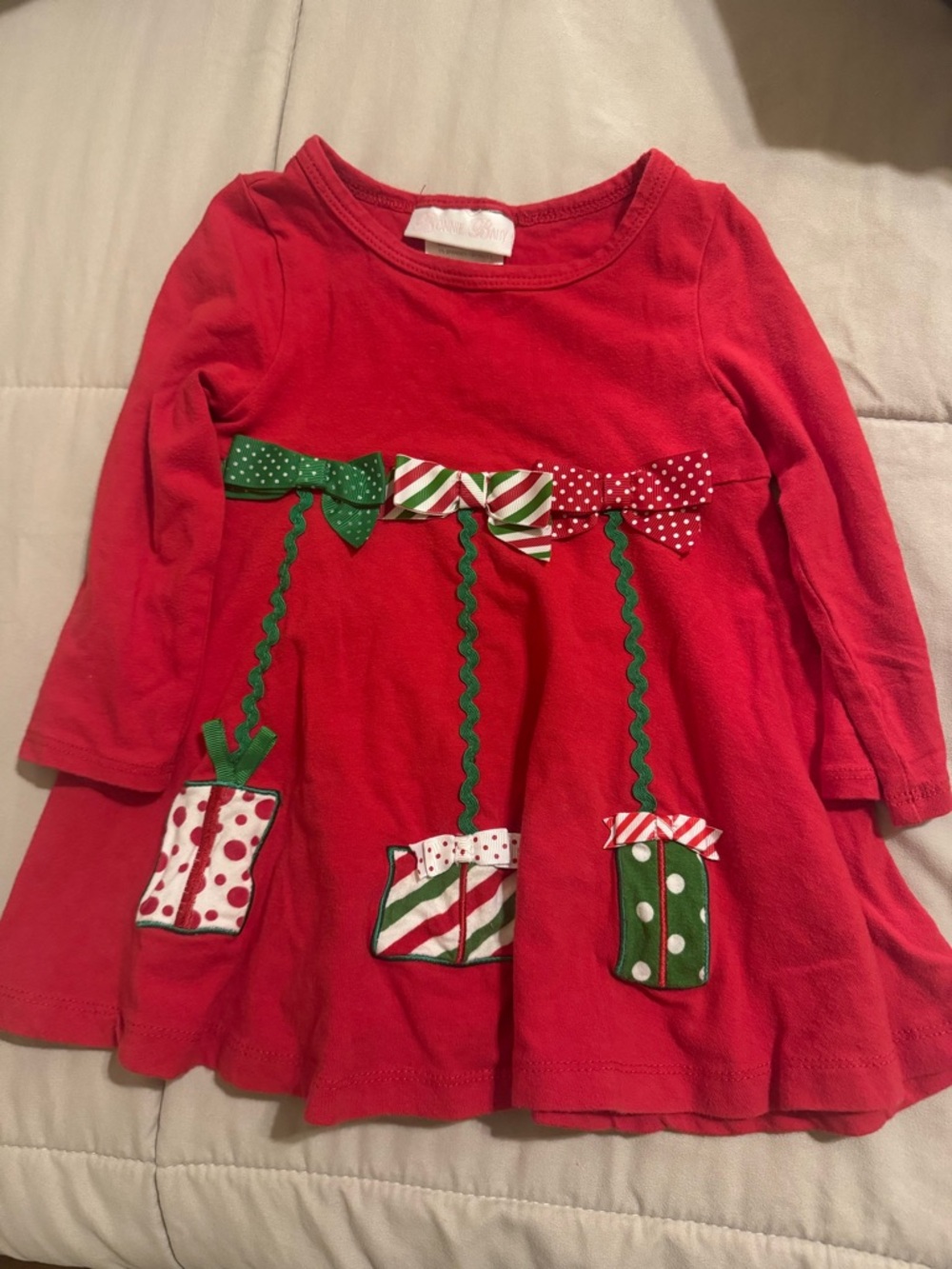 Bonnie Baby Red Holiday Present Appliqué Dress with Green Accents